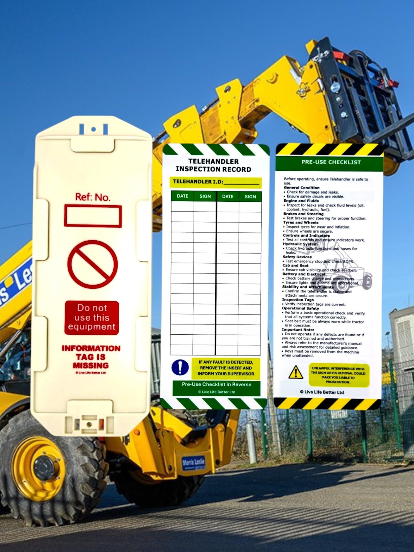 LIVELIFEBETTER® Telehandler Inspection Tags - Holders and Inserts - Pre-Use Checklist and Daily Safety Inspection Record
