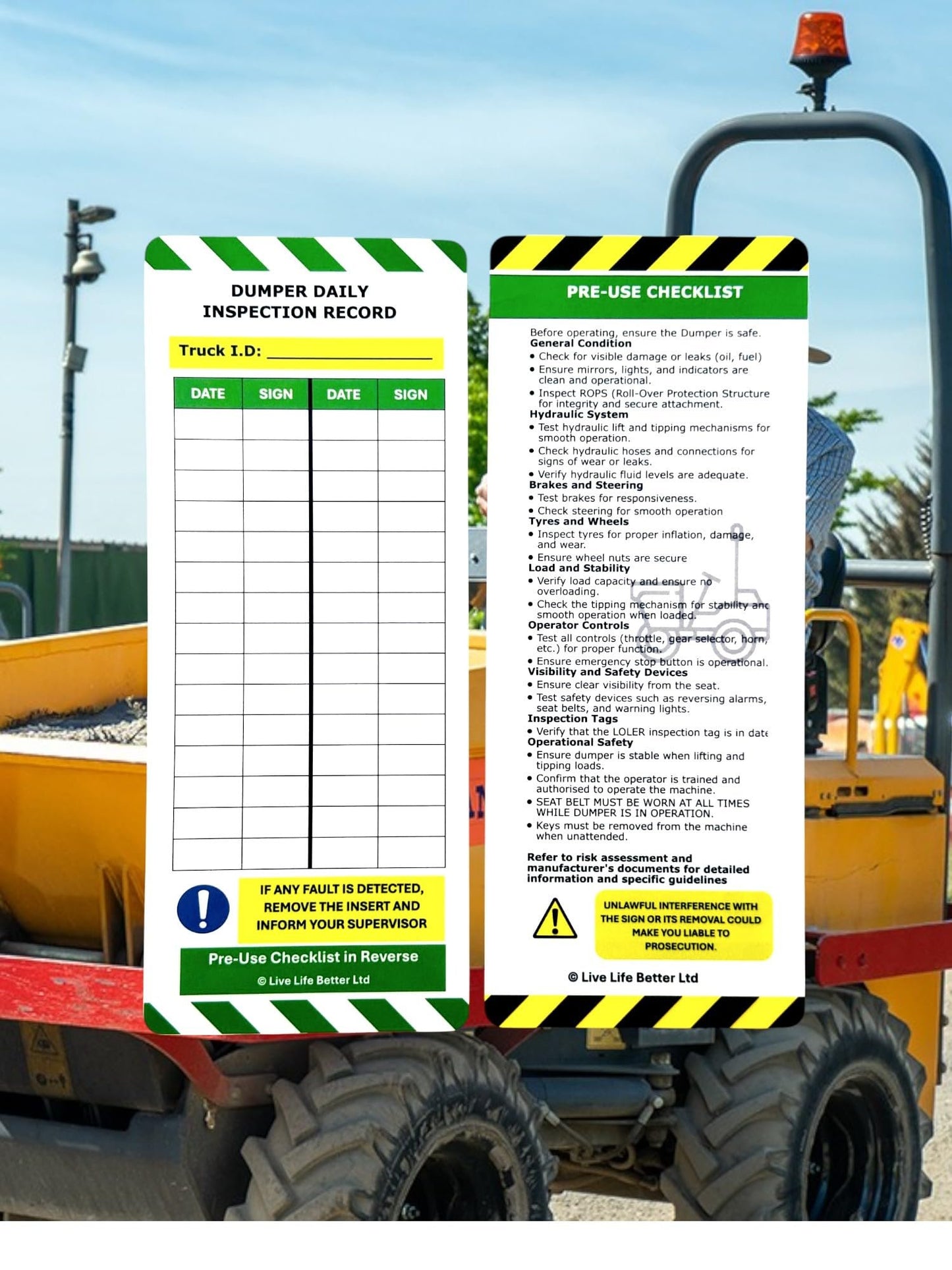 LIVELIFEBETTER® Dumper Daily Inspection Tag Kit - Holders and Inserts - Safety and Compliance Checklist for Construction Equipment