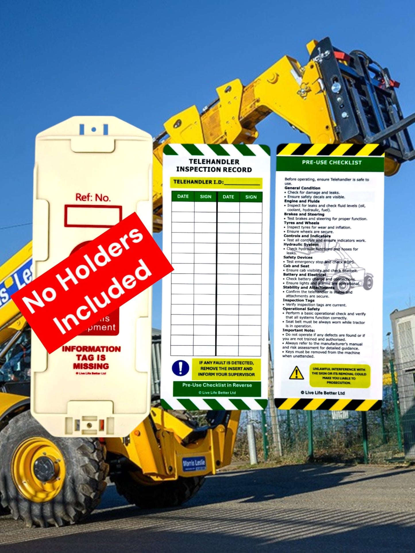 LIVELIFEBETTER® Telehandler Inspection Tags - Holders and Inserts - Pre-Use Checklist and Daily Safety Inspection Record