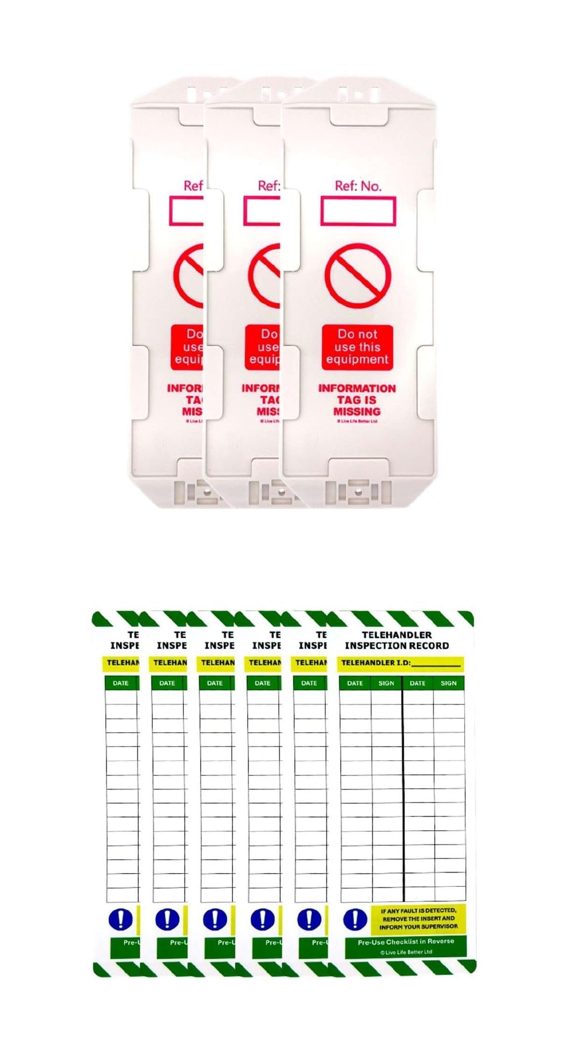 LIVELIFEBETTER® Telehandler Inspection Tags - Holders and Inserts - Pre-Use Checklist and Daily Safety Inspection Record