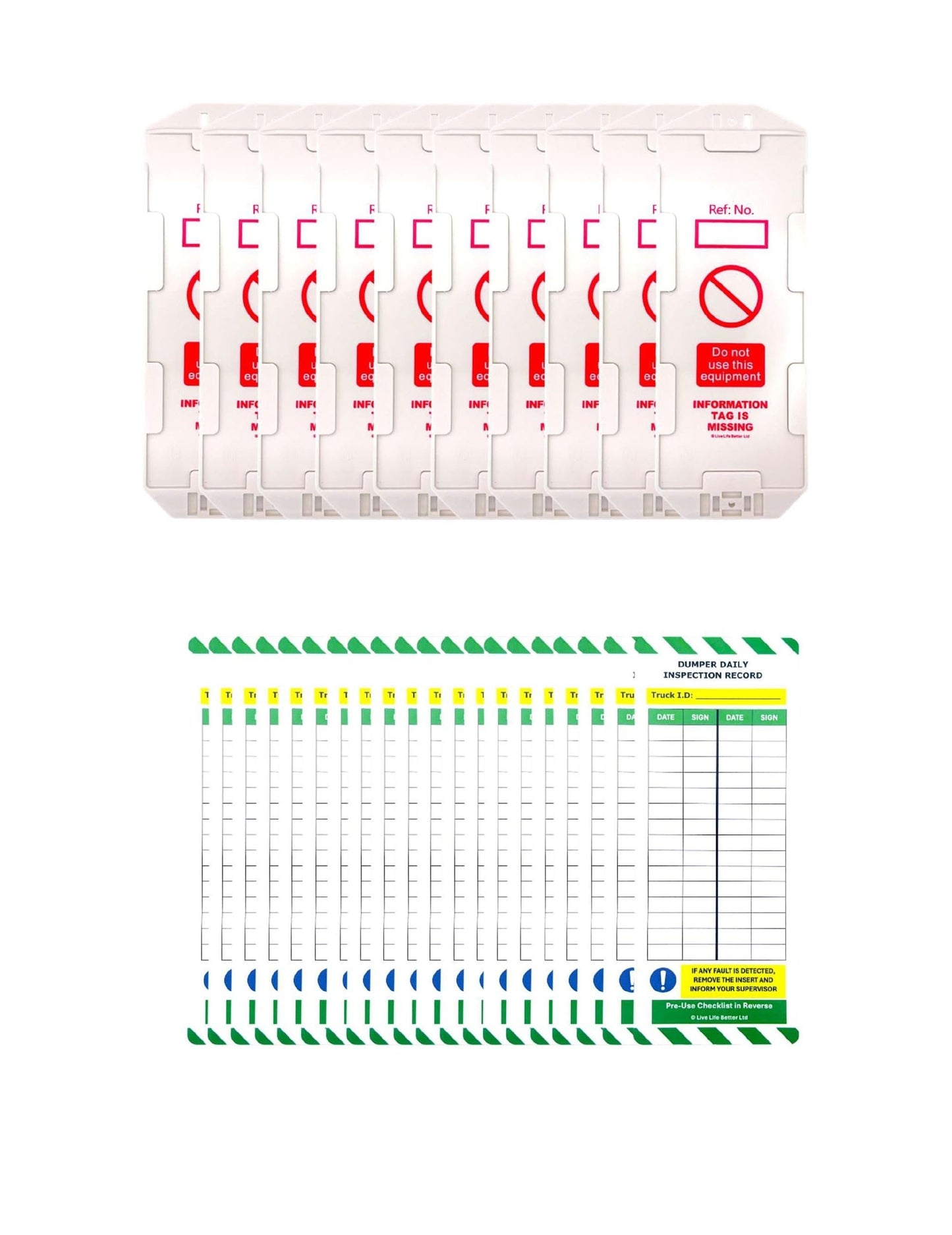 LIVELIFEBETTER® Dumper Daily Inspection Tag Kit - Holders and Inserts - Safety and Compliance Checklist for Construction Equipment