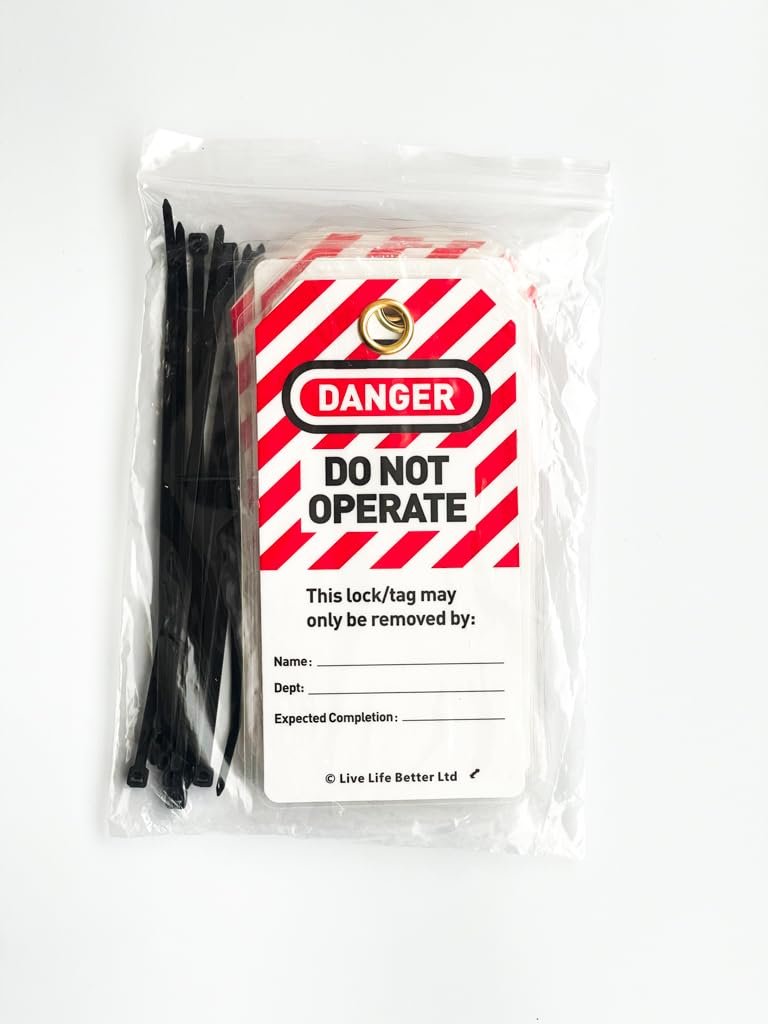 LIVELIFEBETTER® Lockout Tagout Tags - Set of 10 Tags and Cable Ties, Loto Tags for Equipment Lockout, Isolation Warning & Record Tags, Do Not Operate Tags, Energy Source Locked Out Tags