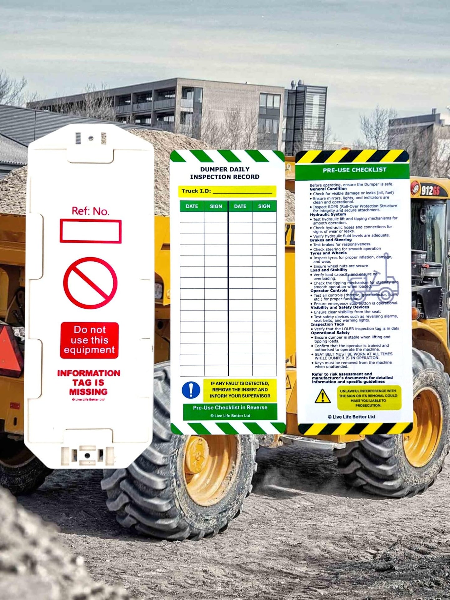 LIVELIFEBETTER® Dumper Daily Inspection Tag Kit - Holders and Inserts - Safety and Compliance Checklist for Construction Equipment
