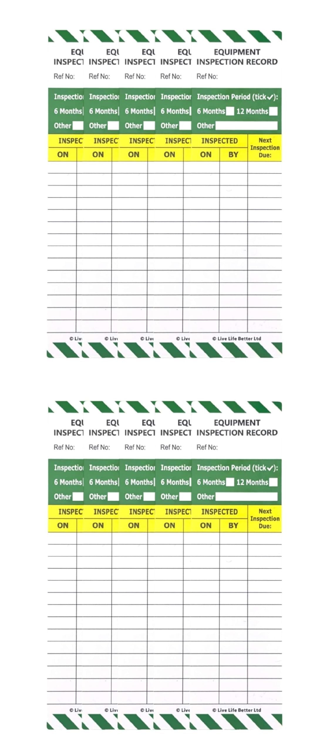 LIVELIFEBETTER® Equipment Safety Inspection Inserts - Set of 10 Inserts - Show Equipment has Been Inspected (LOLER/PUWER) and fit for use