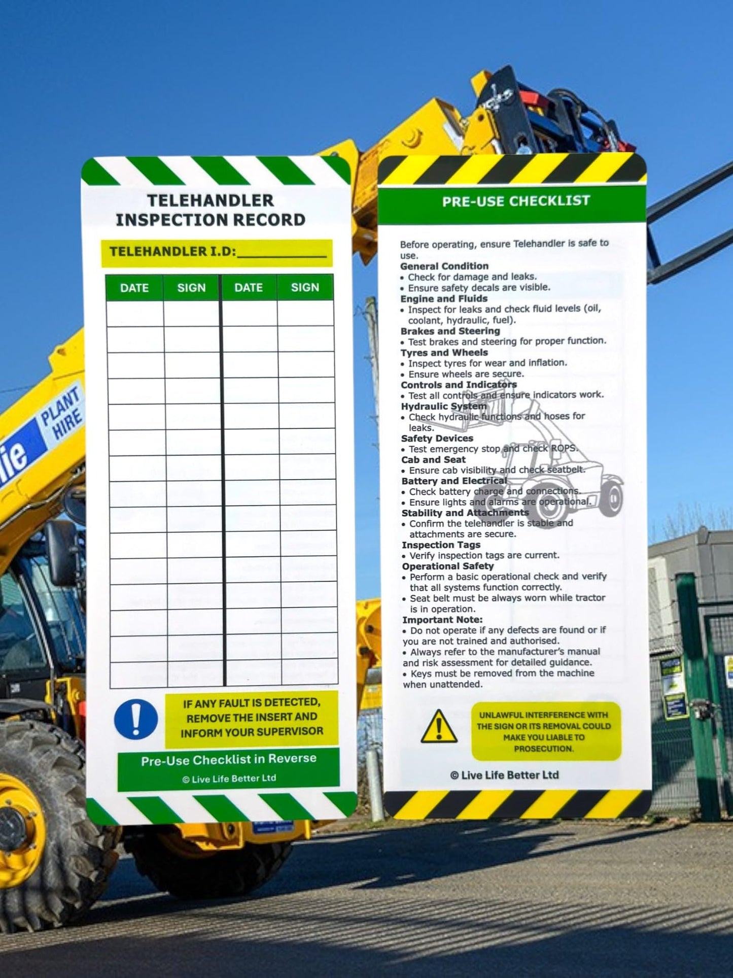 LIVELIFEBETTER® Telehandler Inspection Tags - Holders and Inserts - Pre-Use Checklist and Daily Safety Inspection Record
