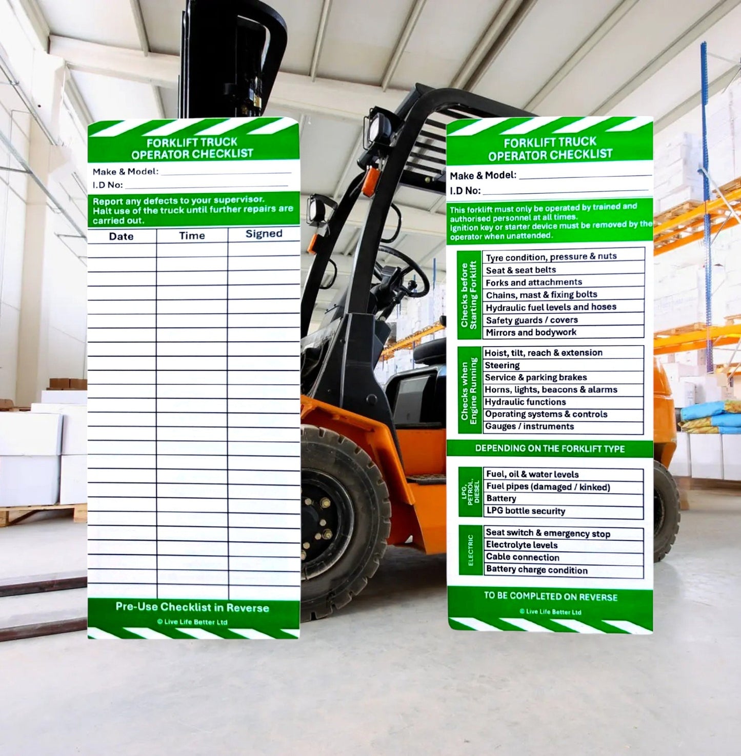 LIVELIFEBETTER® Forklift Truck Safety Tag and Insert - Pack of 10 Inserts