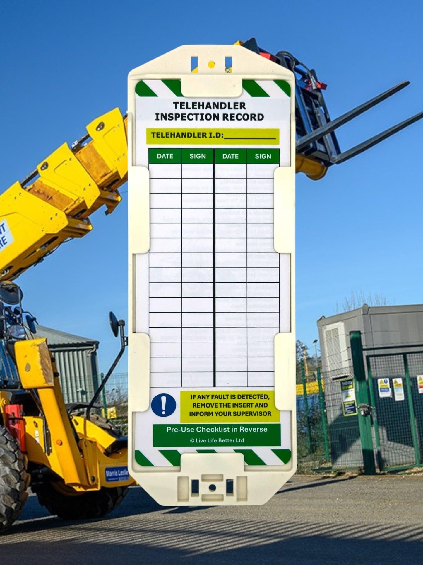 LIVELIFEBETTER® Telehandler Inspection Tags - Holders and Inserts - Pre-Use Checklist and Daily Safety Inspection Record