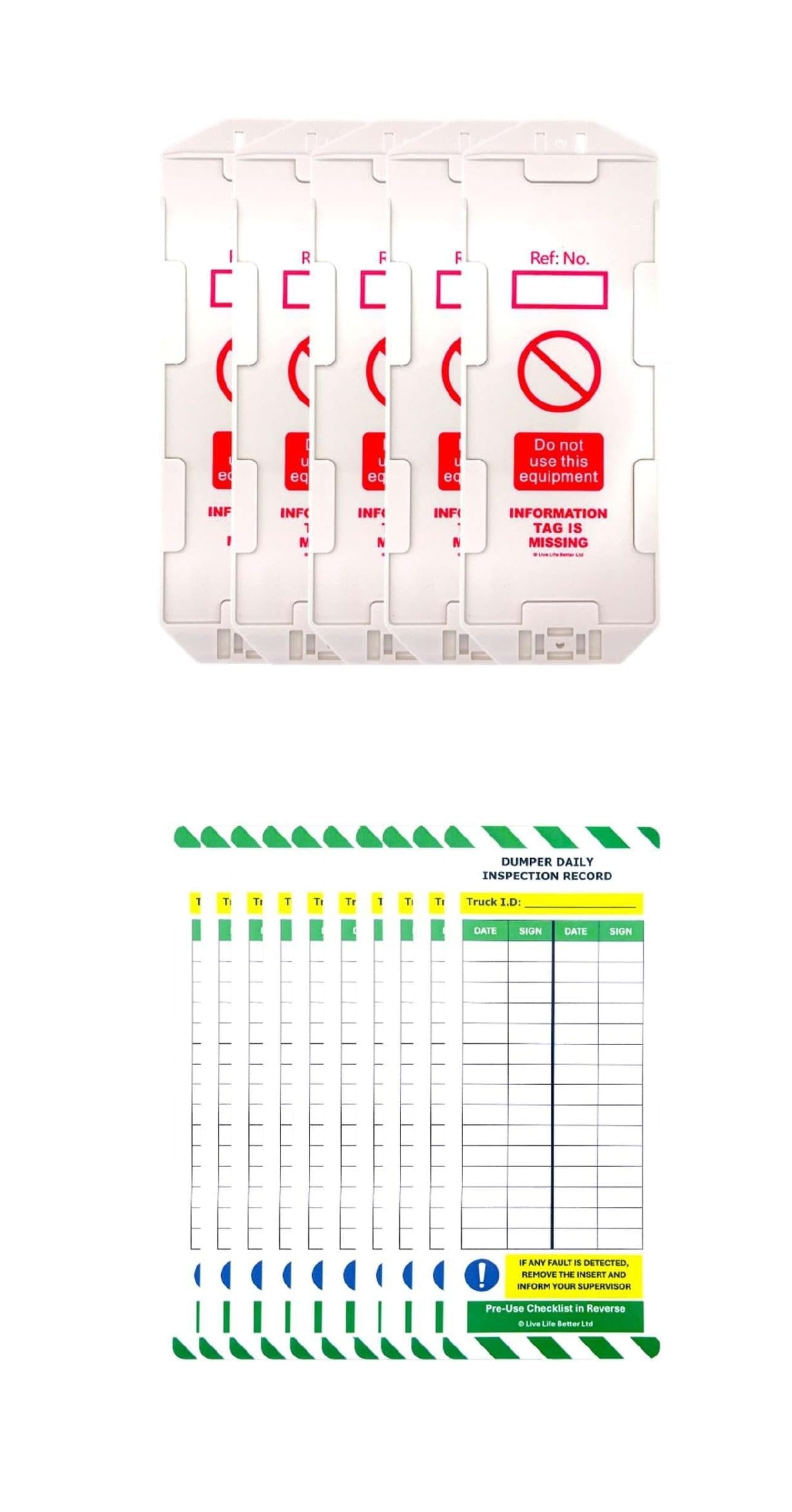 LIVELIFEBETTER® Dumper Daily Inspection Tag Kit - Holders and Inserts - Safety and Compliance Checklist for Construction Equipment
