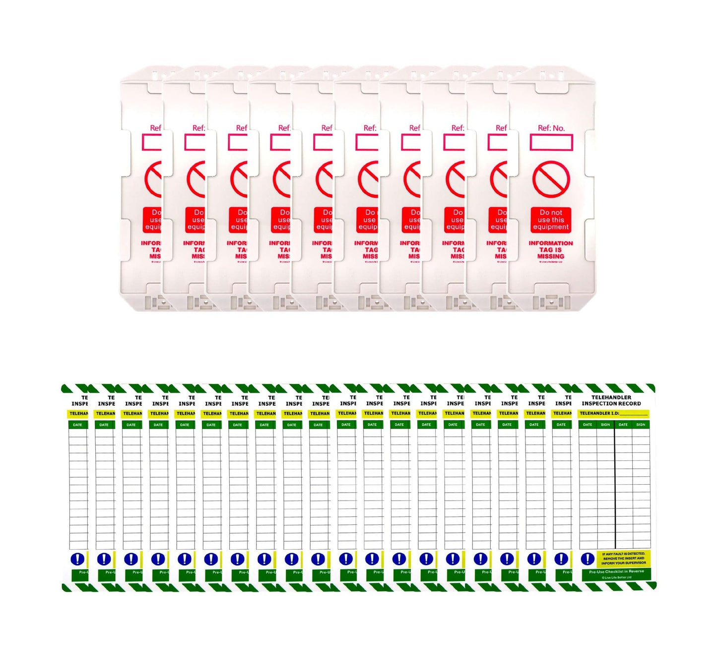 LIVELIFEBETTER® Telehandler Inspection Tags - Holders and Inserts - Pre-Use Checklist and Daily Safety Inspection Record