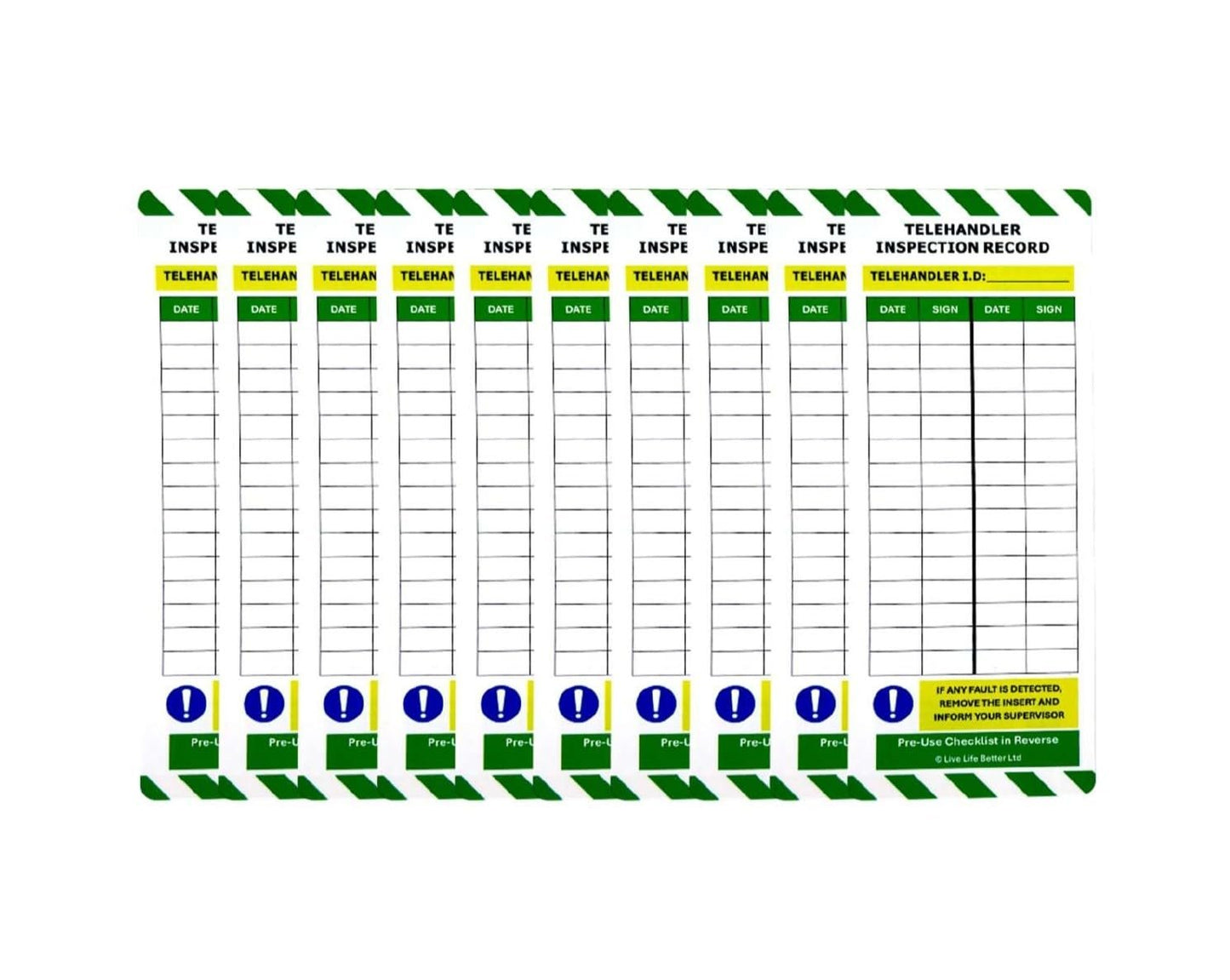LIVELIFEBETTER® Telehandler Inspection Tags - Holders and Inserts - Pre-Use Checklist and Daily Safety Inspection Record