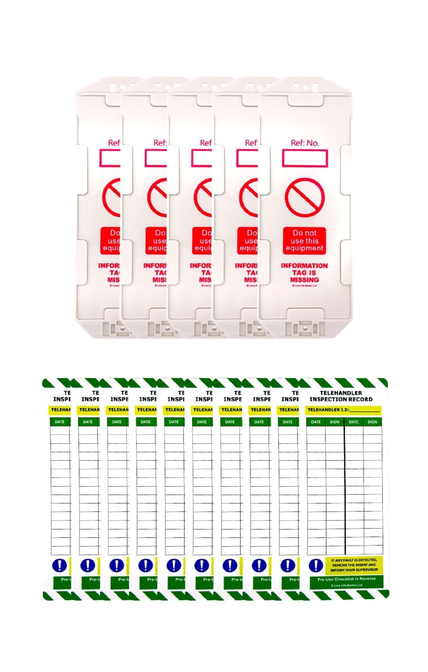 LIVELIFEBETTER® Telehandler Inspection Tags - Holders and Inserts - Pre-Use Checklist and Daily Safety Inspection Record
