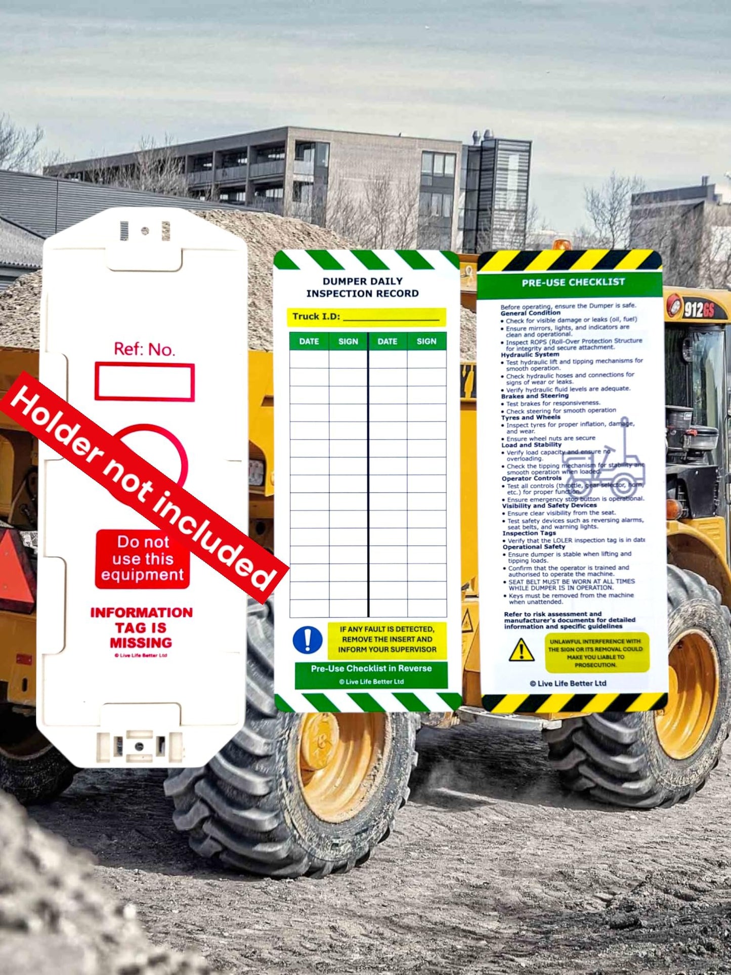 LIVELIFEBETTER® Dumper Daily Inspection Tag Kit - Holders and Inserts - Safety and Compliance Checklist for Construction Equipment