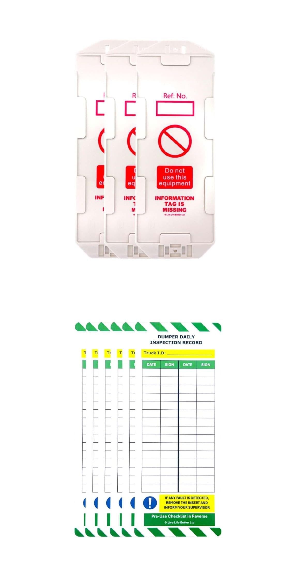 LIVELIFEBETTER® Dumper Daily Inspection Tag Kit - Holders and Inserts - Safety and Compliance Checklist for Construction Equipment