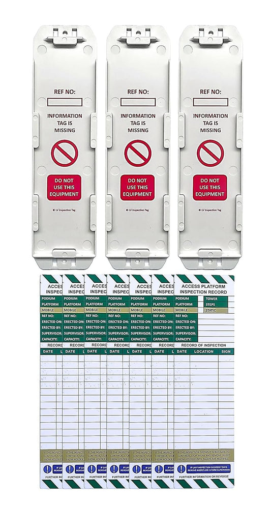 Access Platform Inspection Tags - 3 Holders and 6 Inserts - Ideal for Podiums, Tower, Platform, Steps - Mobile and Static. Suitable for indoor and outdoor use.
