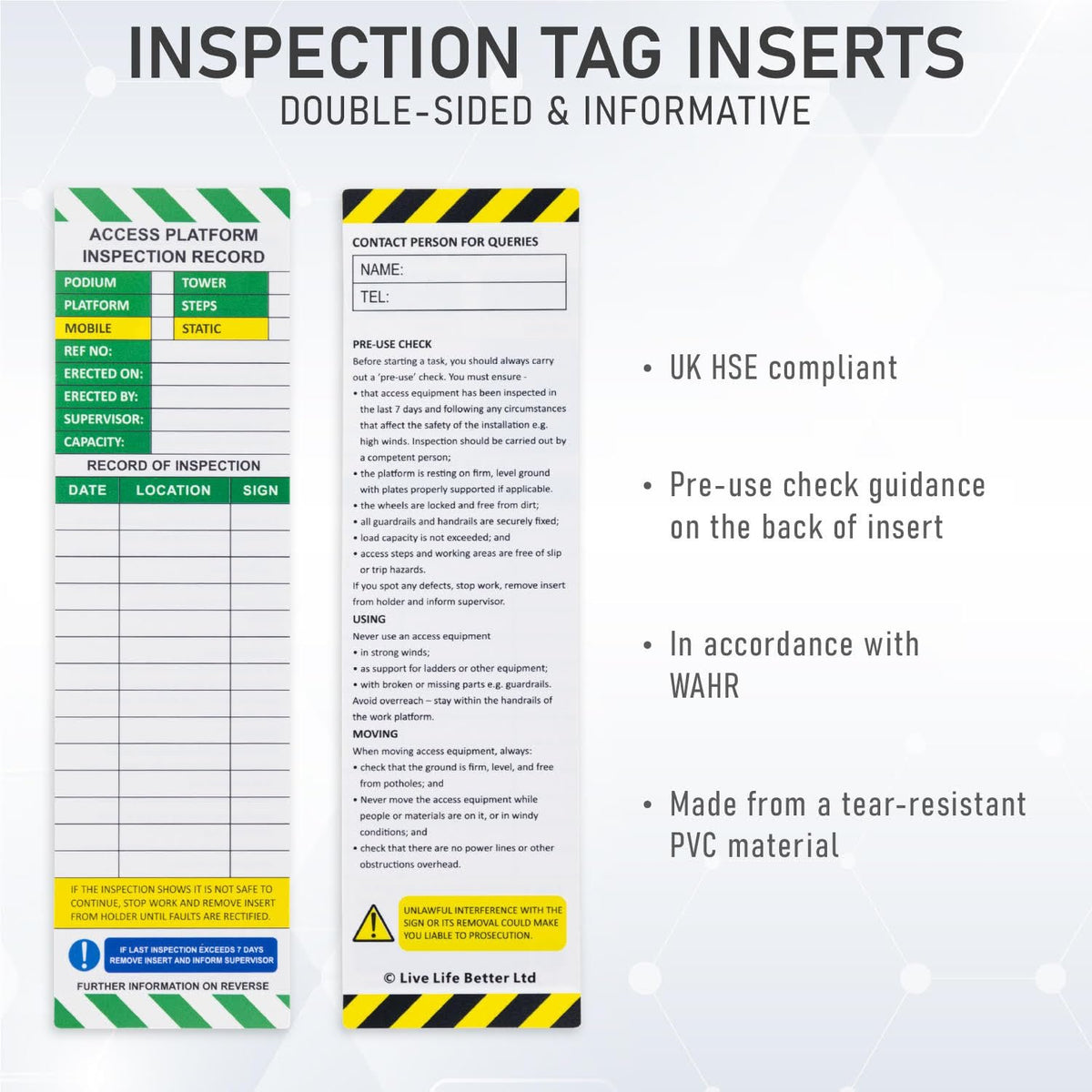 Loading Platform Inspection Tag LIVELIFEBETTER® Access Platform Inspection Tags - 3 Holders and 6 Inse ...