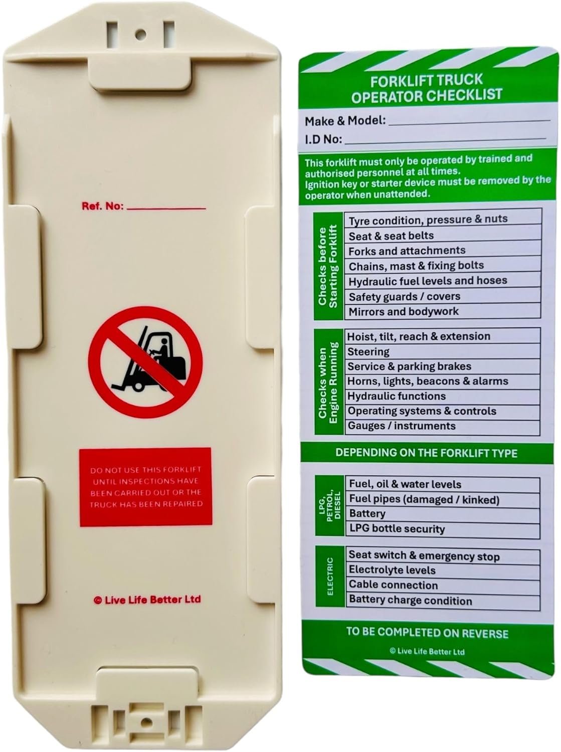 Forklift Truck Safety Tag and Insert - Pack of 3 Holders and 6 Inserts