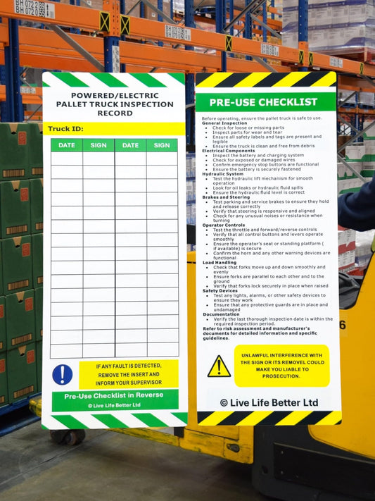 LIVELIFEBETTER® Powered/Electric Pallet Truck Inspection Record Tags - Holder and Inserts