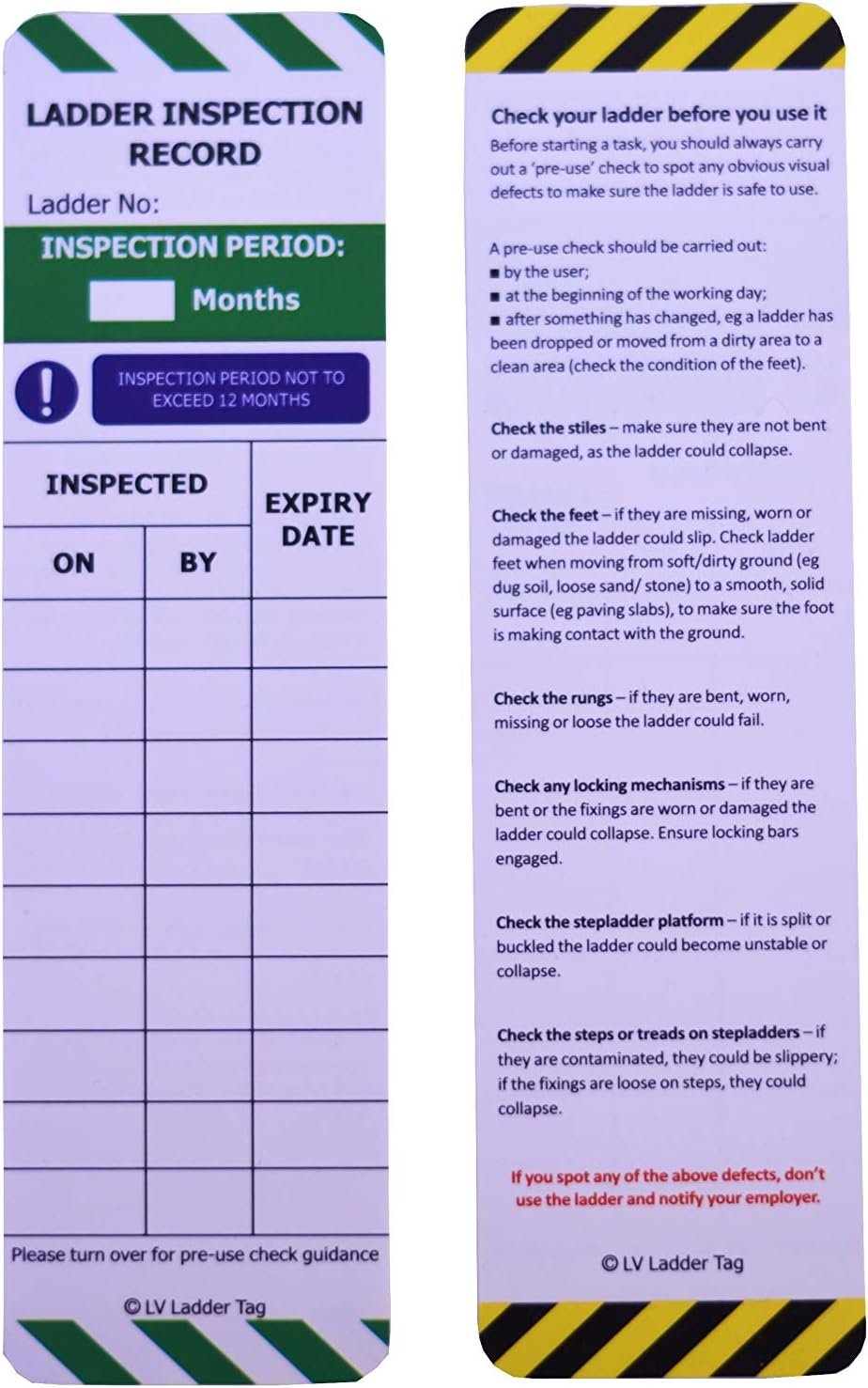 LV Ladder Tag - 10 Inserts - For Ladder Safety Inspection - UK:HSE Compliant