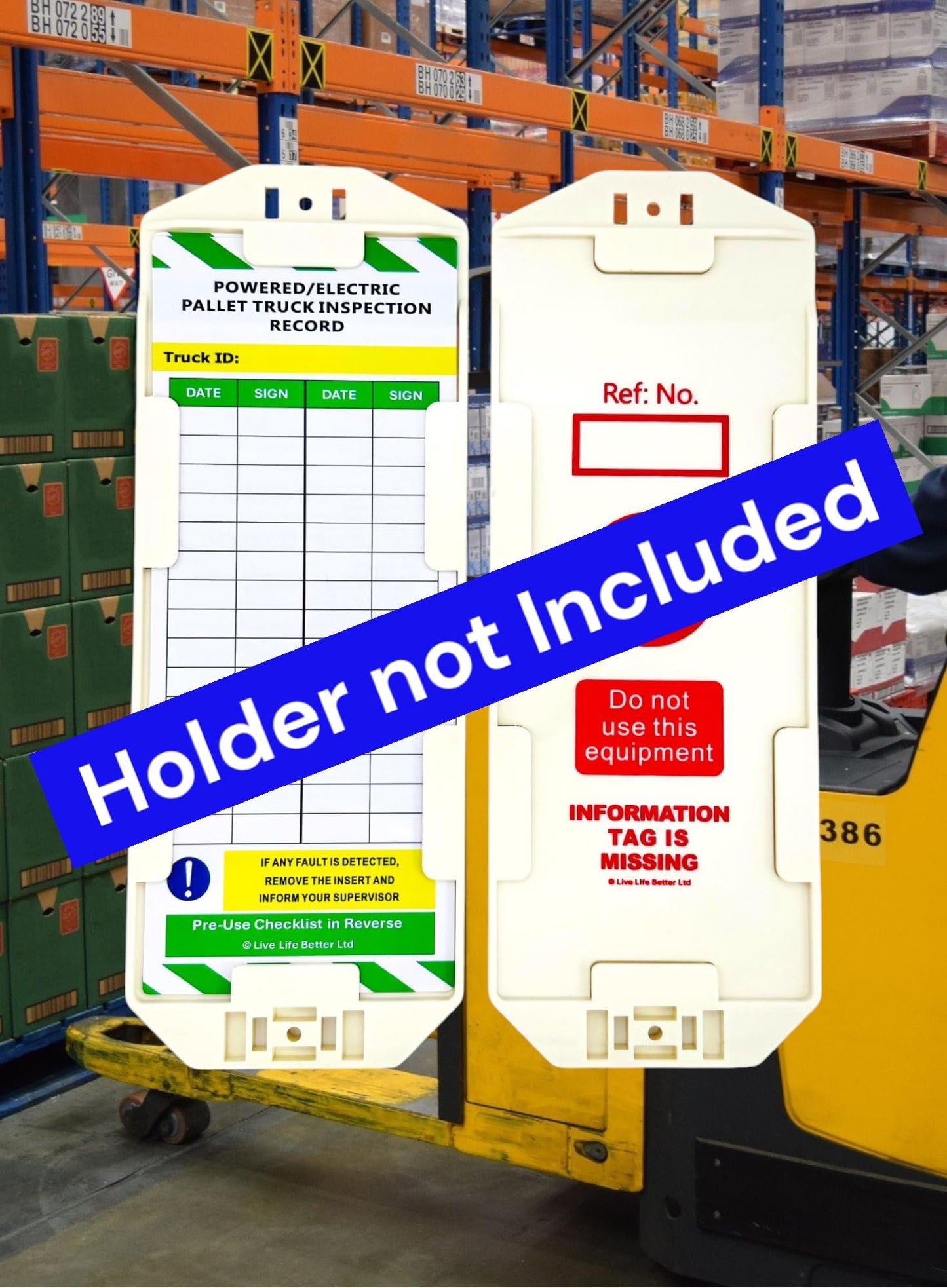 LIVELIFEBETTER® Powered/Electric Pallet Truck Inspection Record Tags - Holder and Inserts