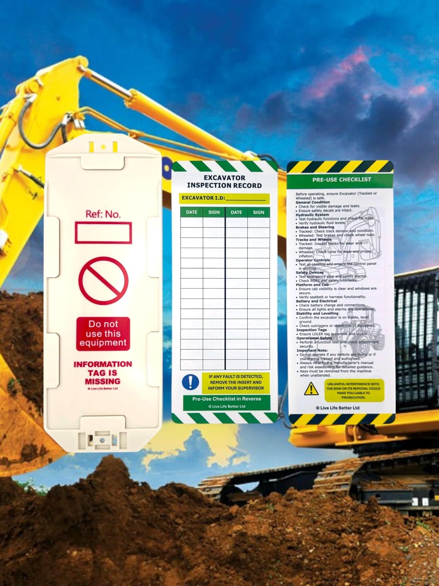 LIVELIFEBETTER® Excavator Inspection Tag Kit – Holders and Inserts - pre-use Checklist and Daily Inspection Record for Construction Safety