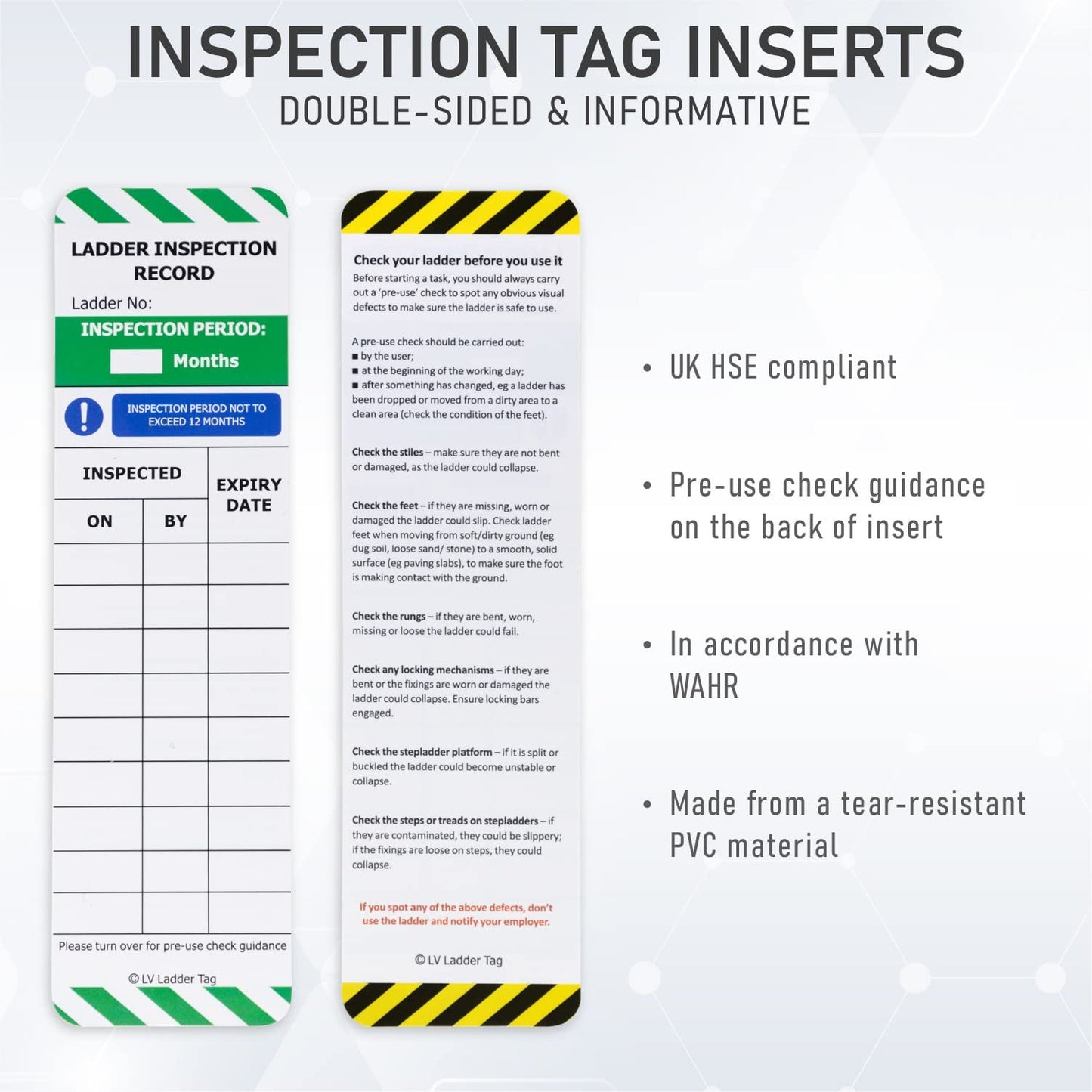 LIVELIFEBETTER® Ladder Tags - 10 Holders and 20 Ladder Inspection Tag Inserts - Full Pack - Fits All Ladder Types & Other Equipment - Suitable for Indoor & Outdoor Use