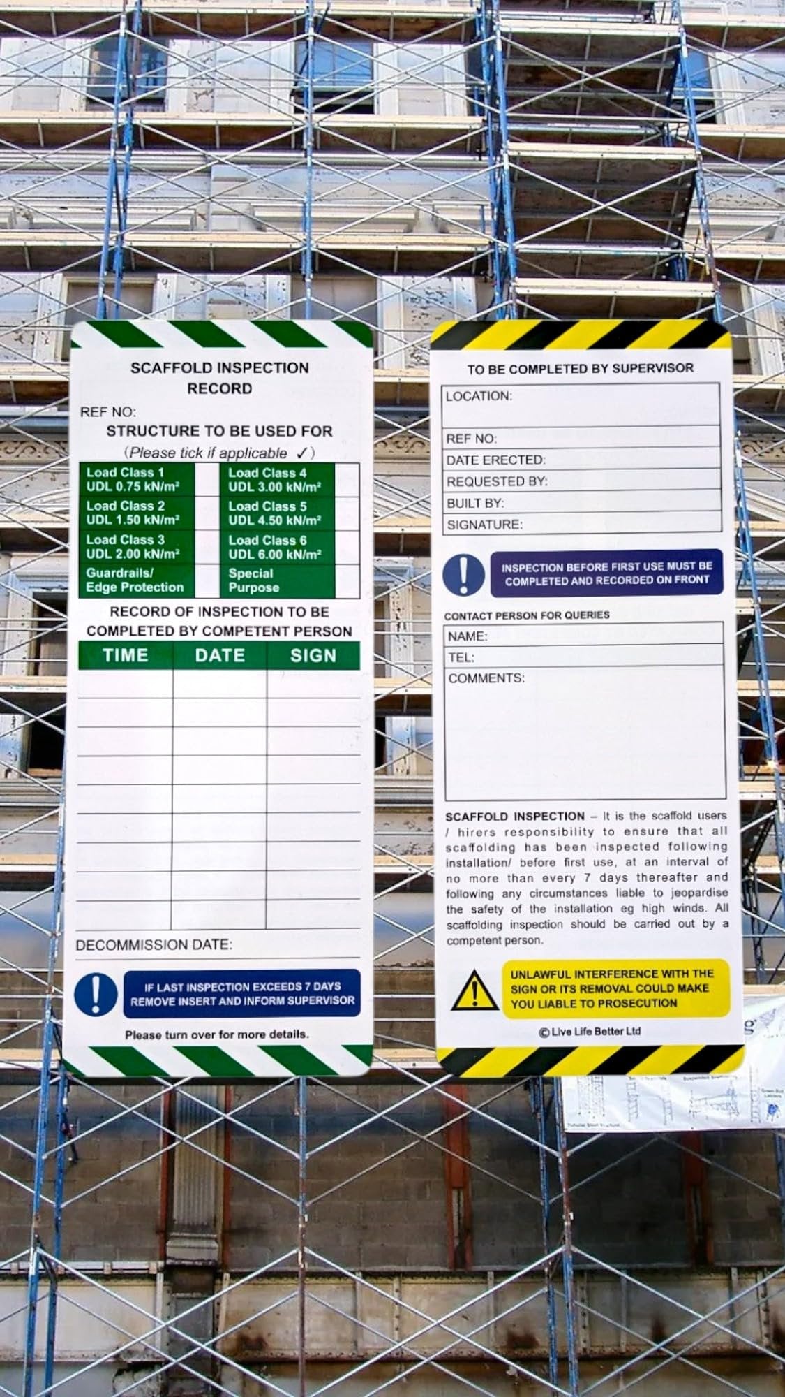 LIVELIFEBETTER® Scaffold Inspection Record Tags - 10 Holders and 20 Inserts - Full Pack, Fits All Scaffold Types, Suitable for Indoor and Outdoor use.