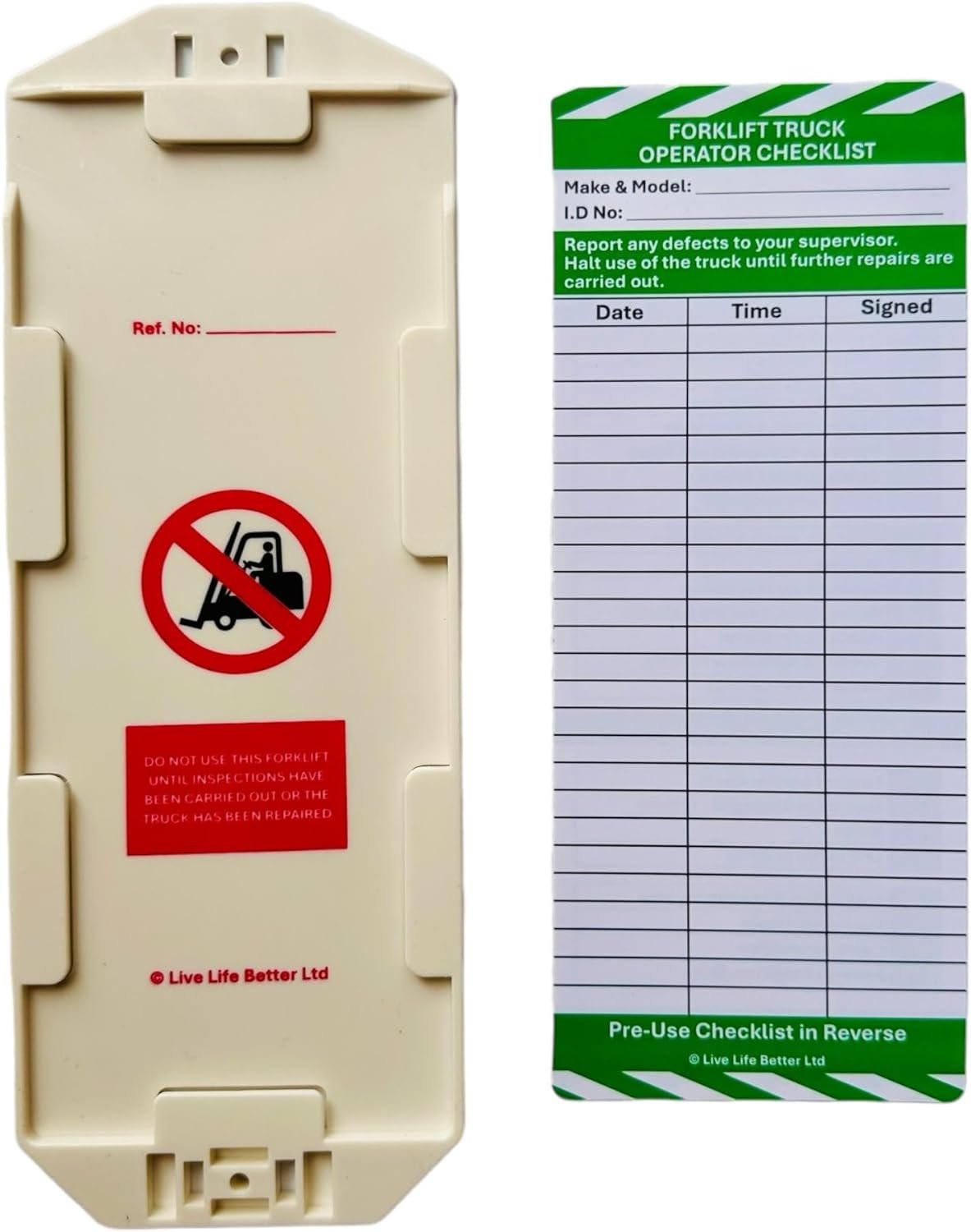 Forklift Truck Safety Tag and Insert - Pack of 10 Holders and 20 Inserts