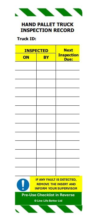 Hand Pallet Truck Inspection Record Tags - Holder and Inserts