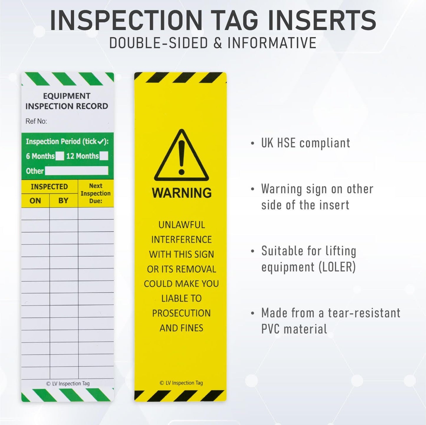 Equipment Safety Inspection Inserts - Set of 10 inserts - Show equipment has been inspected (LOLER/PUWER) and fit for use