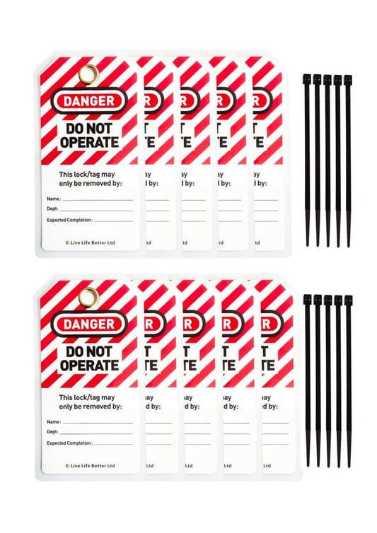 LIVELIFEBETTER® Lockout Tagout Tags - Set of 10 Tags and Cable Ties, Loto Tags for Equipment Lockout, Isolation Warning & Record Tags, Do Not Operate Tags, Energy Source Locked Out Tags