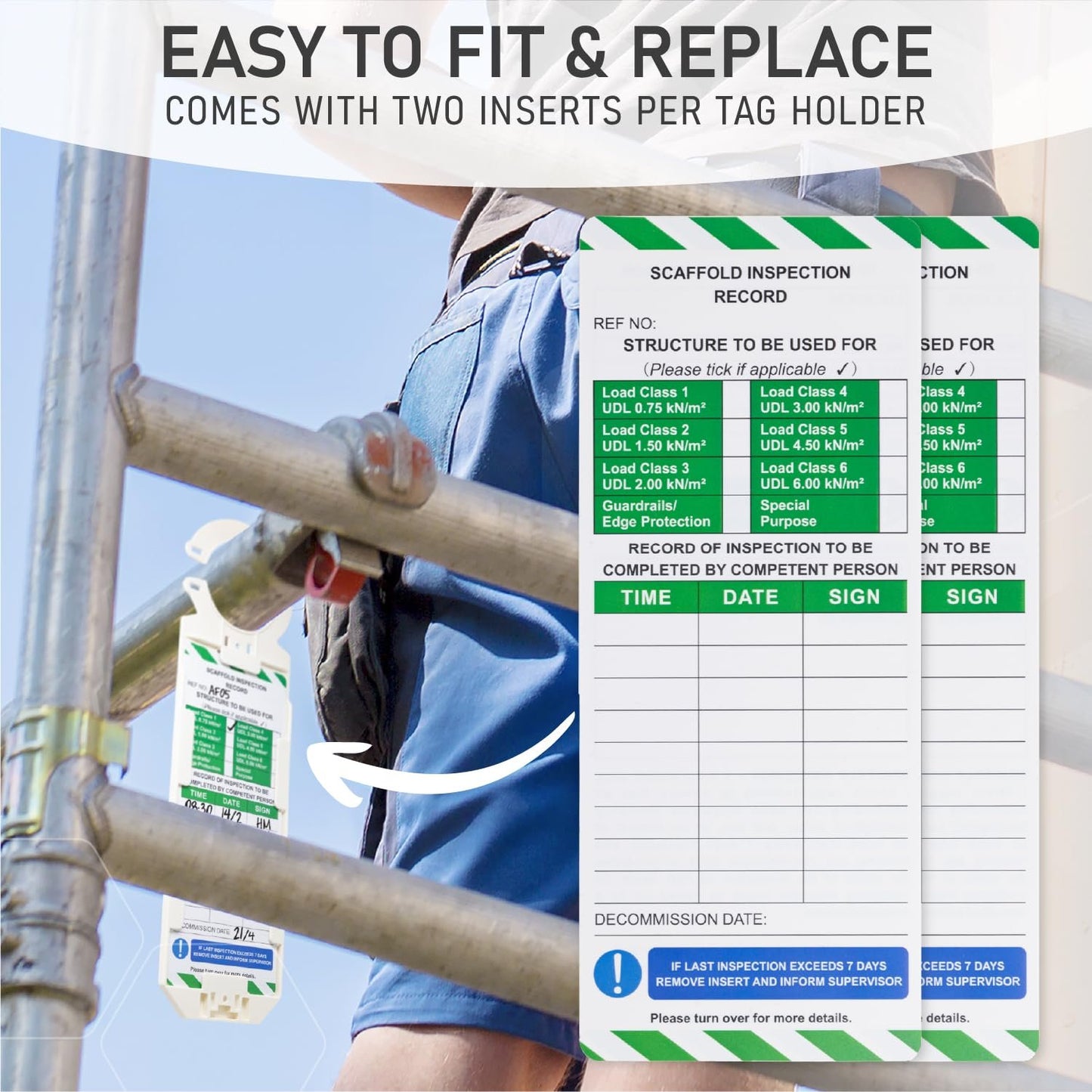 LIVELIFEBETTER® Scaffold Inspection Record Tags - 10 Holders and 20 Inserts - Full Pack, Fits All Scaffold Types, Suitable for Indoor and Outdoor use.