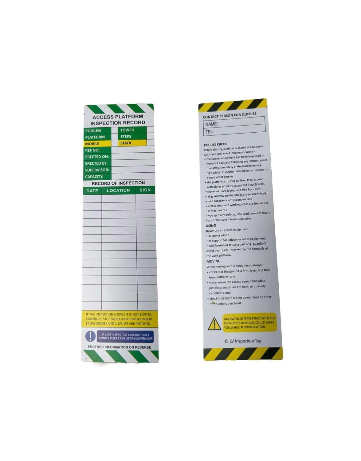 Access Platform Inspection Inserts - Set of 10 Inserts - Ideal for Podiums, Tower, Platform, Steps - Mobile and Static. Suitable for indoor and outdoor use.