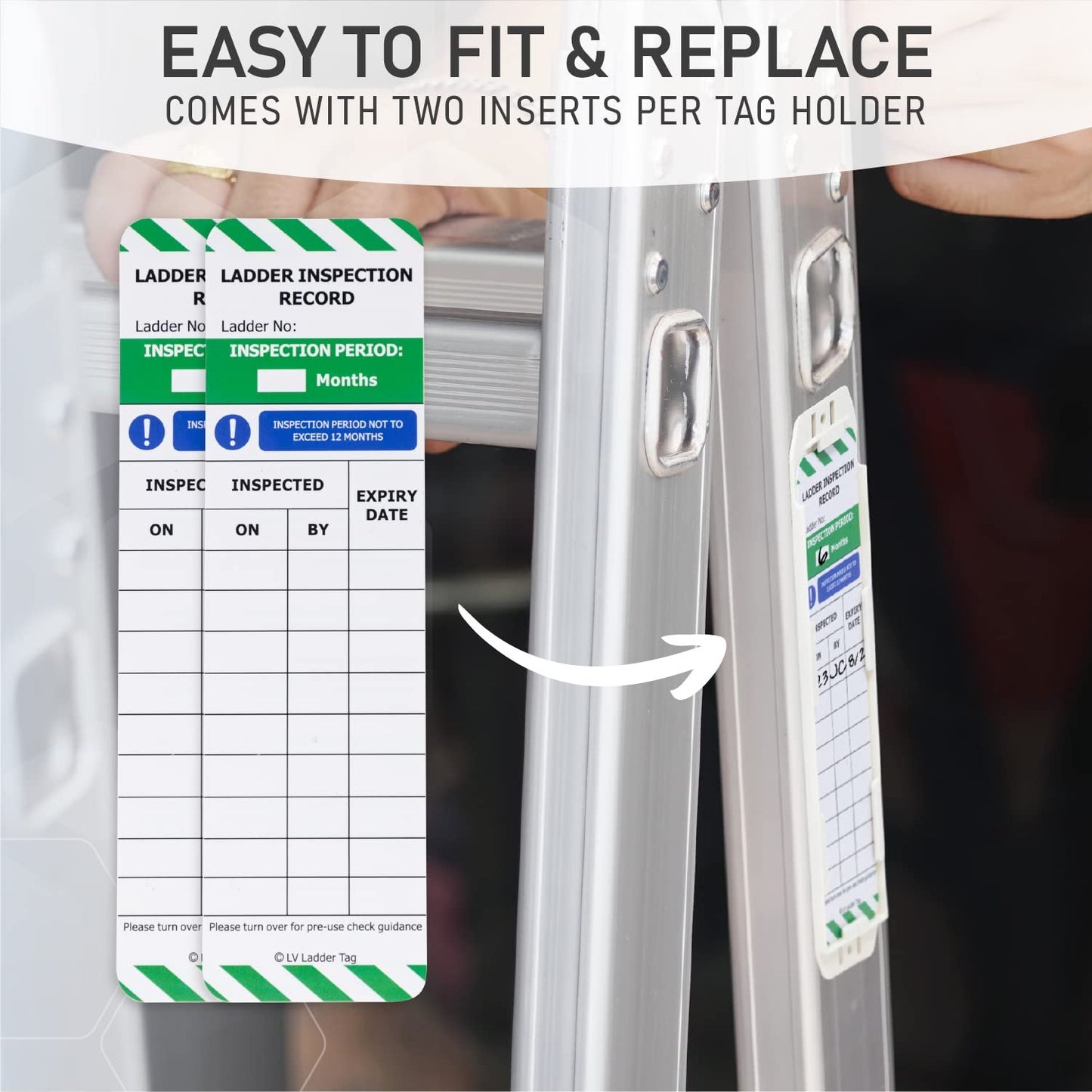LIVELIFEBETTER® Ladder Tags - 10 Holders and 20 Ladder Inspection Tag Inserts - Full Pack - Fits All Ladder Types & Other Equipment - Suitable for Indoor & Outdoor Use