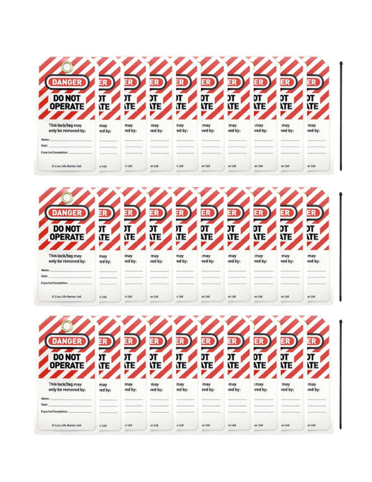 LIVELIFEBETTER® Lockout Tagout Tags - Set of 30 Tags and Cable Ties, Loto Tags for Equipment Lockout, Isolation Warning & Record Tags, Do Not Operate Tags, Energy Source Locked Out Tags