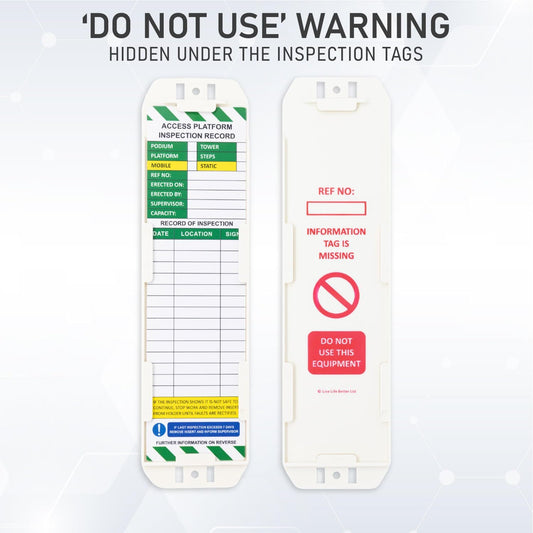 LIVELIFEBETTER® Access Platform Inspection Tags - 10 Holders and 20 Inserts - Full Pack, Ideal for Podiums, Tower, Platform, Steps - Mobile and Static. Suitable for indoor and outdoor use.