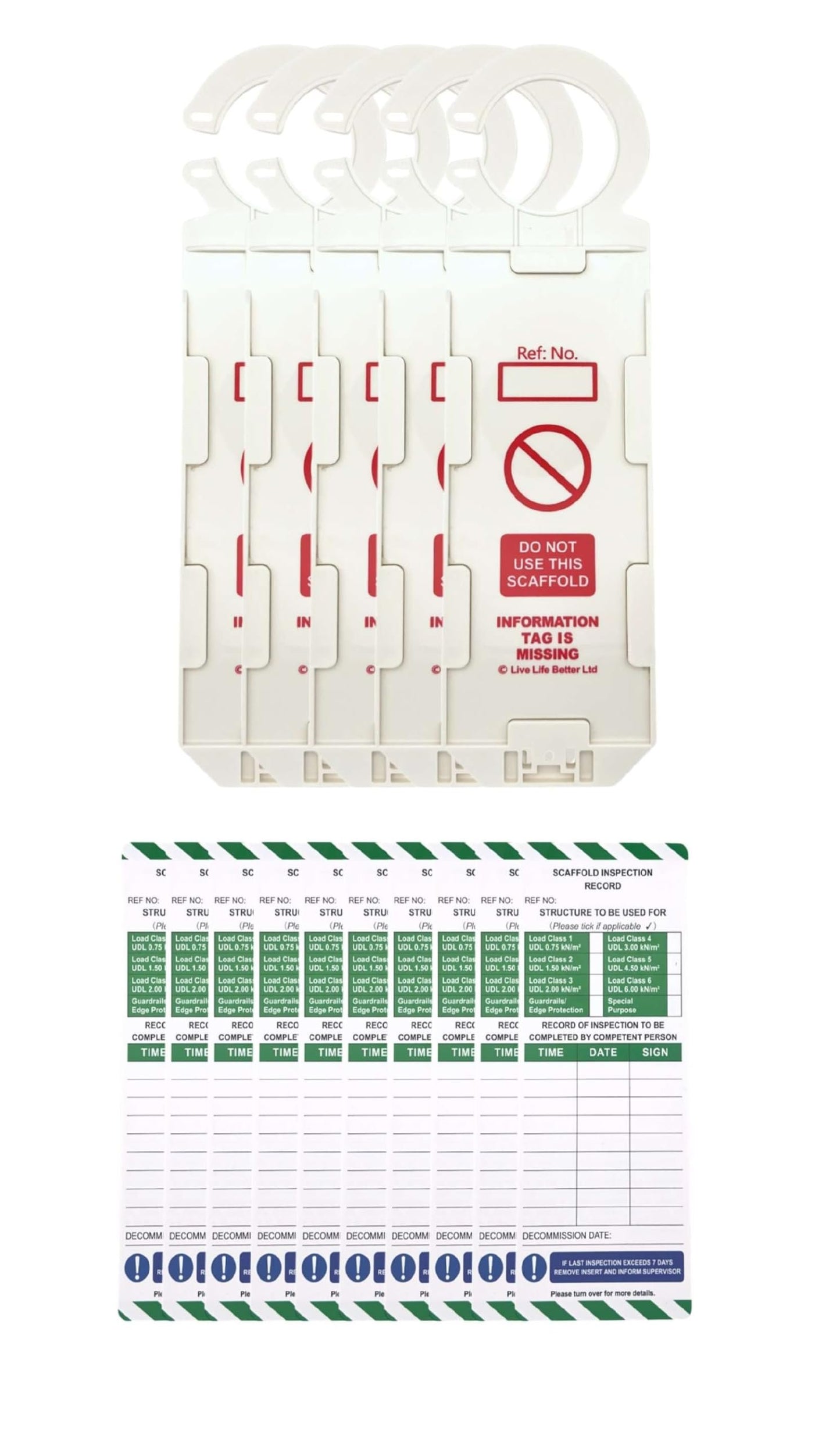 LIVELIFEBETTER® Scaffold Inspection Record Tags - 5 Holders and 10 Inserts - Fits All Scaffold Types, Suitable for Indoor and Outdoor use.