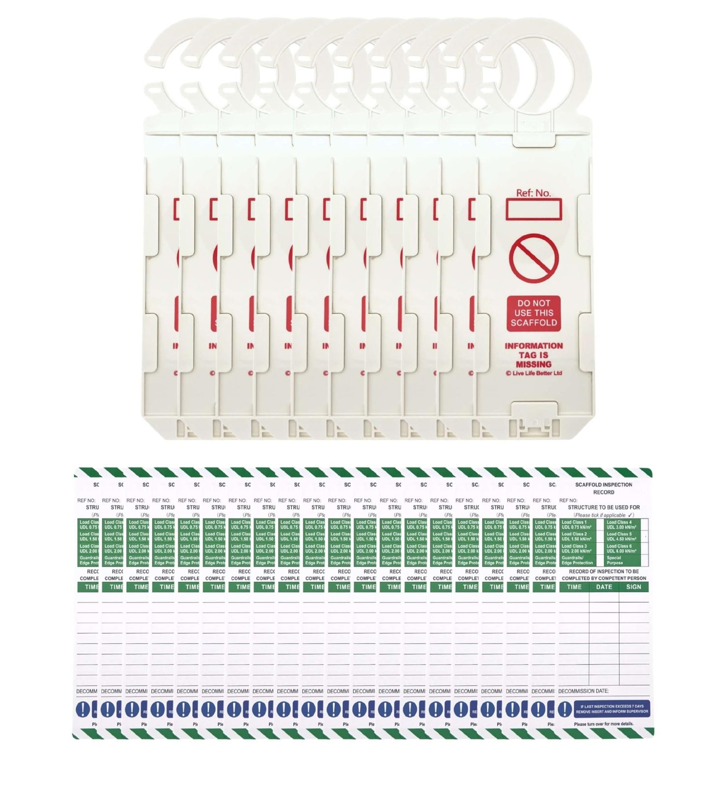 LIVELIFEBETTER® Scaffold Inspection Record Tags - 10 Holders and 20 Inserts - Full Pack, Fits All Scaffold Types, Suitable for Indoor and Outdoor use.