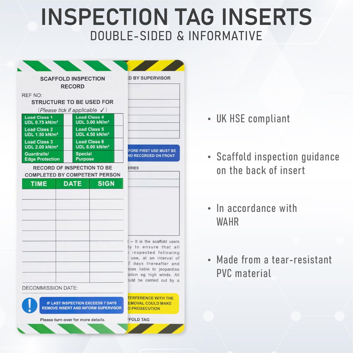 LIVELIFEBETTER® Scaffold Inspection Record Tags - 10 Holders and 20 Inserts - Full Pack, Fits All Scaffold Types, Suitable for Indoor and Outdoor use.