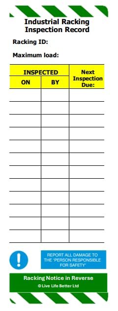 Industrial Racking Inspection Record Tags - Holder and Inserts