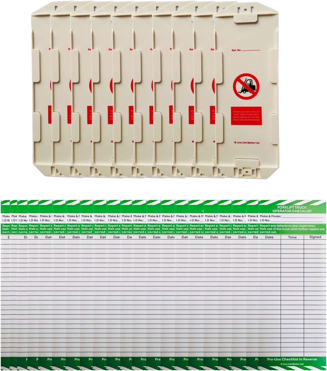 Forklift Truck Safety Tag and Insert - Pack of 10 Holders and 20 Inserts