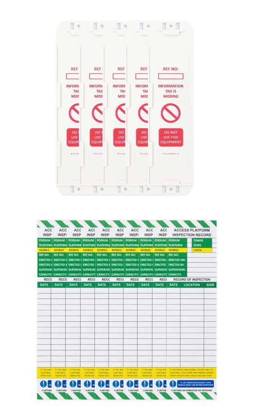 Access Platform Inspection Tags - 5 Holders and 10 Inserts - Ideal for Podiums, Tower, Platform, Steps - Mobile and Static. Suitable for indoor and outdoor use.