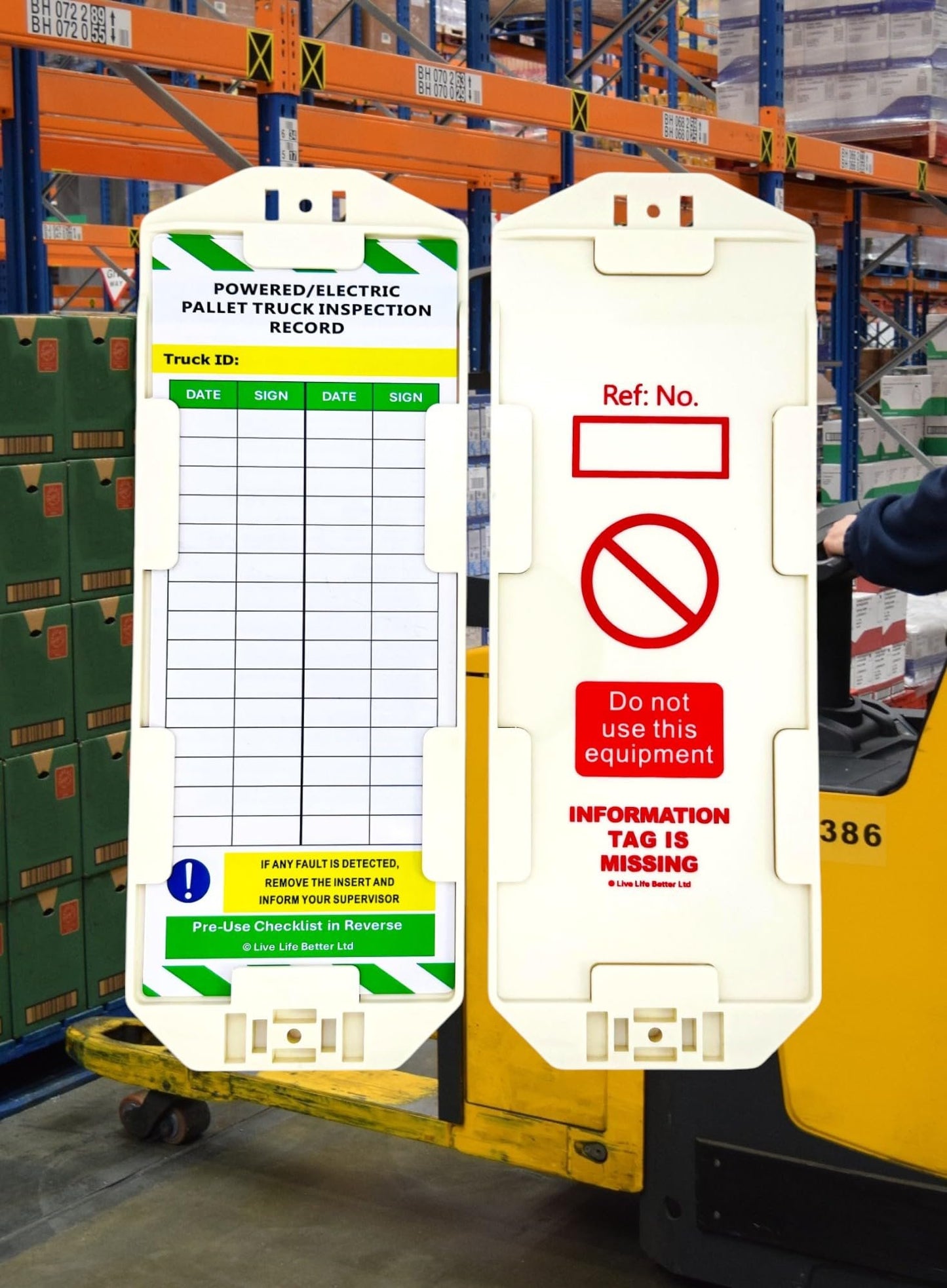 LIVELIFEBETTER® Powered/Electric Pallet Truck Inspection Record Tags - Holder and Inserts