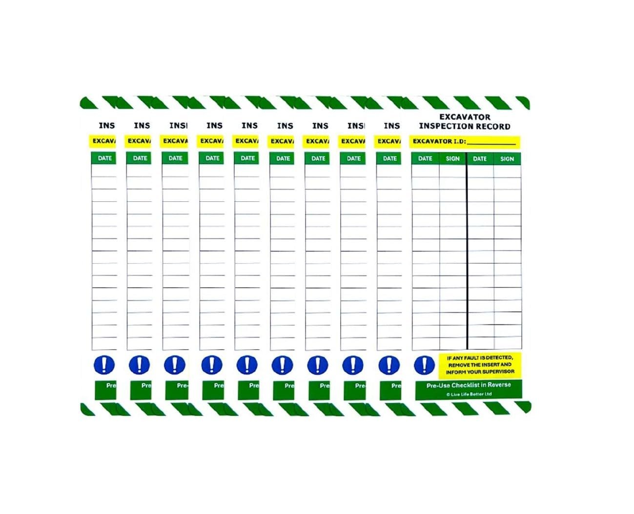 LIVELIFEBETTER® Excavator Inspection Tag Kit – Holders and Inserts - pre-use Checklist and Daily Inspection Record for Construction Safety