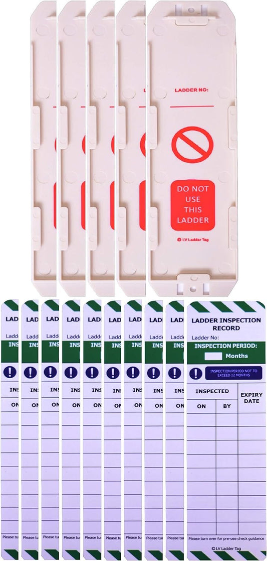 LV Ladder Tags - 5 Holders & 10 Ladder Inspection Tag Inserts - Fits all ladder types - Robust & Durable - Suitable for Indoor & Outdoor Use