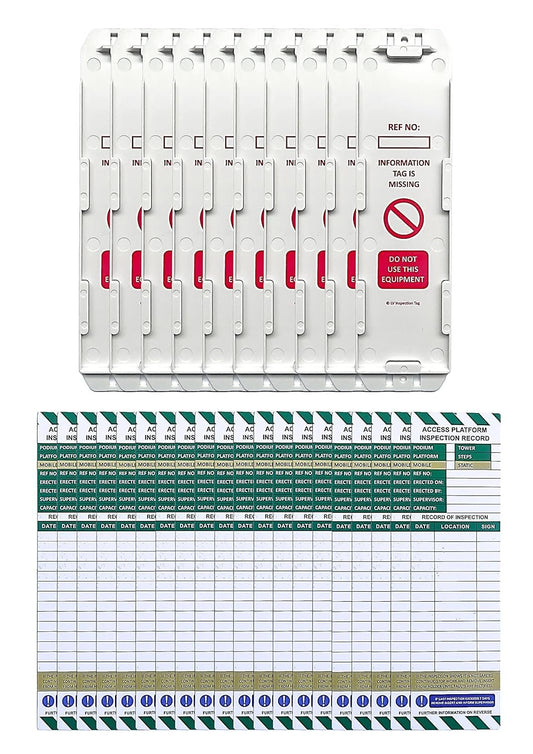 Access Platform Inspection Tags - 10 Holders and 20 Inserts - Full Pack, Ideal for Podiums, Tower, Platform, Steps - Mobile and Static. Suitable for indoor and outdoor use.